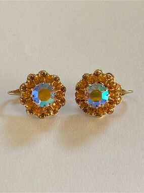 Vintage 1961 Sarah Coventry "Amber Lights" Double Halo Prong Set Earrings